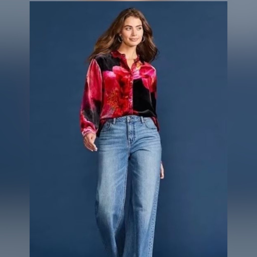 Johnny Was Burgundy Floral Velvet Button Down